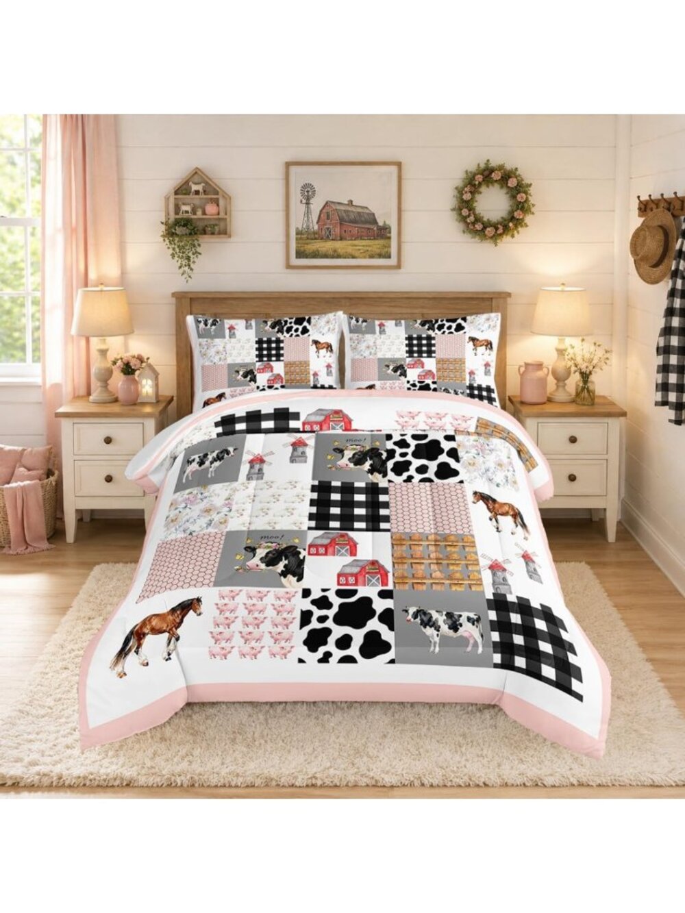 Cozy Farmhouse Twin Comforter Set with 2 Pillowcases | Cute Cartoon Animal